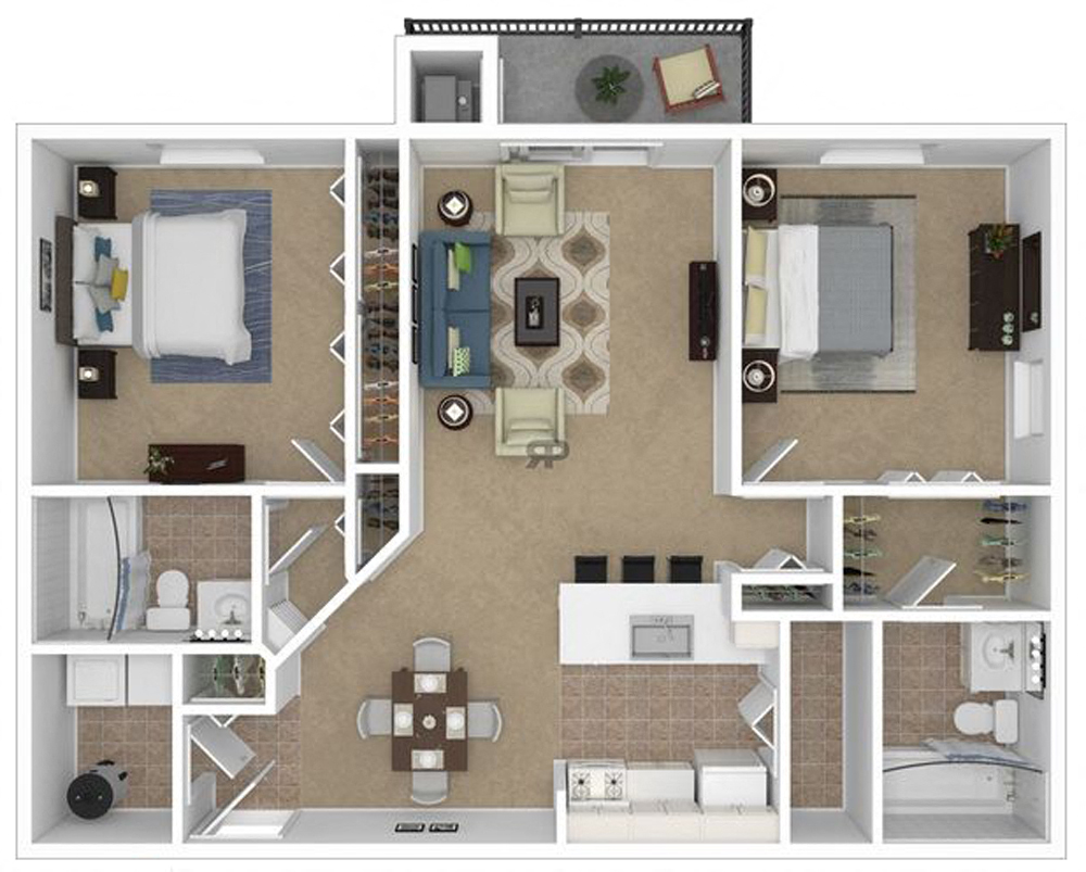 Floor plan for 2 beds, 2 baths, 1100 sqft